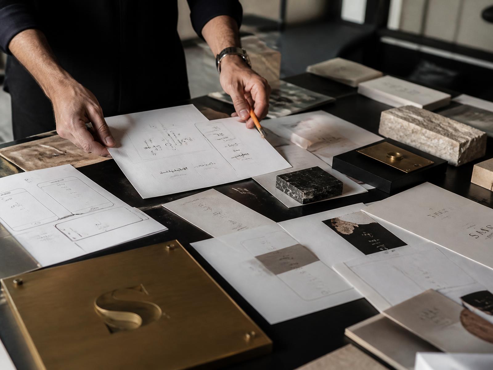 Bilingual typography, digital interface studies and material samples on the Ibtikar studio table.